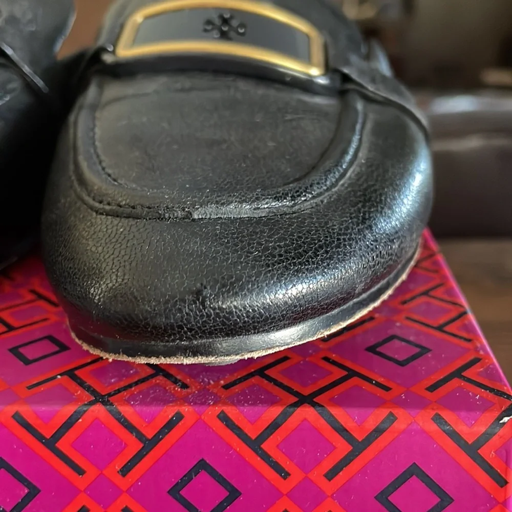 Tory Burch Black Leather Backless Loafers with Gold Buckle